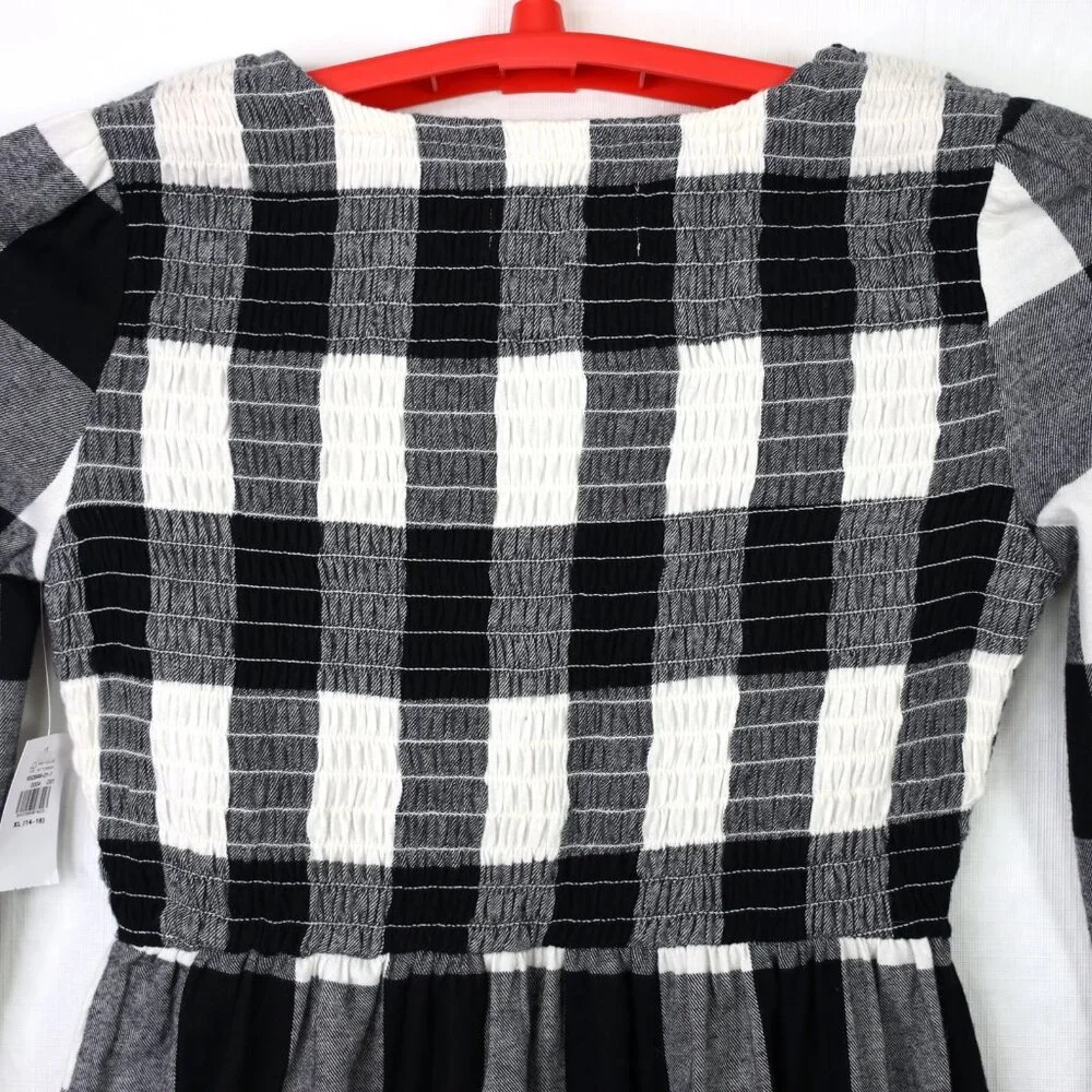 Old Navy Black White Plaid Flannel Smocked Long Sleeve Dress Girls‎ XL 14 16